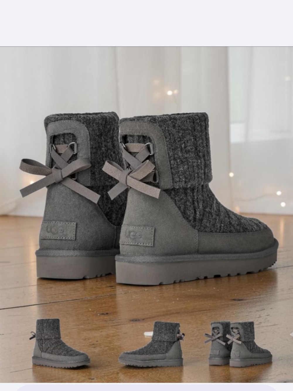NIB UGG Classic Mini Charcoal Gray Cabelle Knit Suede Bow Back Boots Size-8